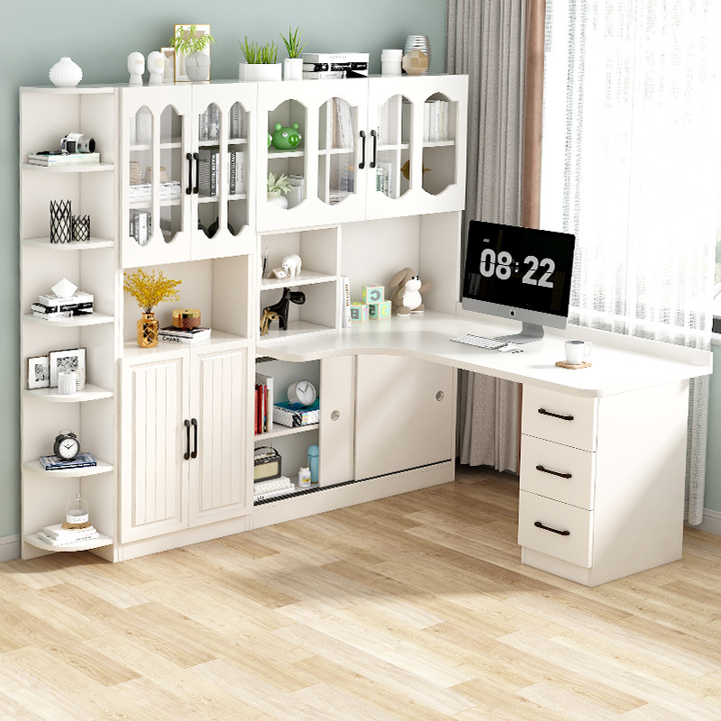 Solid Wood Corner Desk Bookshelf Integrated Simple Home Student Writing Desk with Bookcase Combination Computer Desktop Table