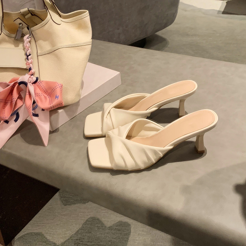 Sheepskin ~ Grape Mom 7cm French Square Head Pleated Slippers with Mueller Half Slippers Female Temperament Commuter High Heel Sandals