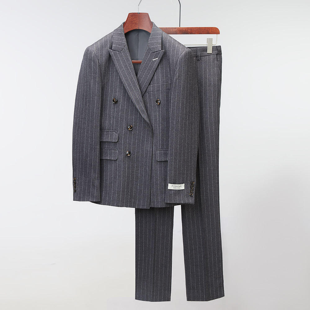 2022新款西服套装男精品条纹休闲韩版修身西装两件套men suits