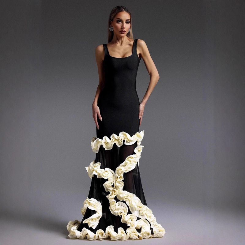 2025 New European and American Cross-Border Suspender Dress Accessible Luxury Hip-Hugging Spiral Lace Bandage Dress Evening Dress