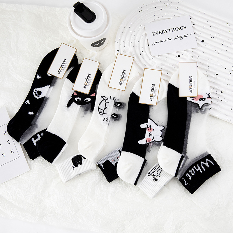 Summer Thin Black Cat Glass Silk Stockings Women's Socks Summer Shallow Mouth Low-cut Short Transparent Cartoon Women's Socks