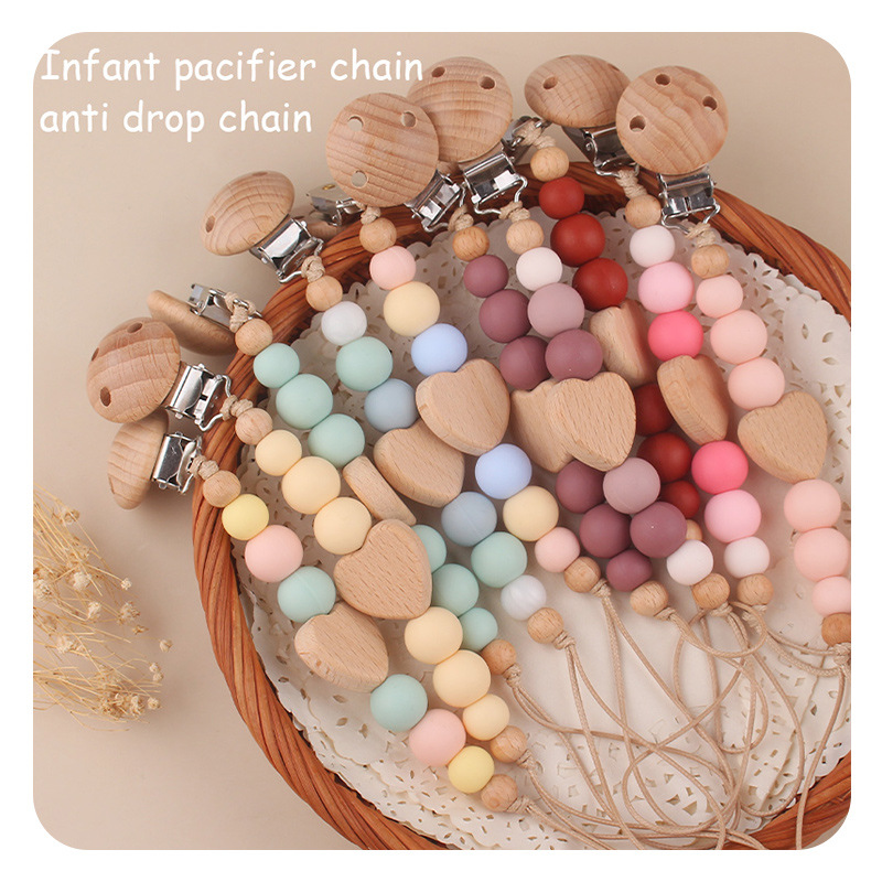 Productos para bebés Clip de chupete de madera de haya Dibujos animados de bebé creativo Amor de madera de haya Mordida de dreción de dientes Cadena de chupete anti-caída