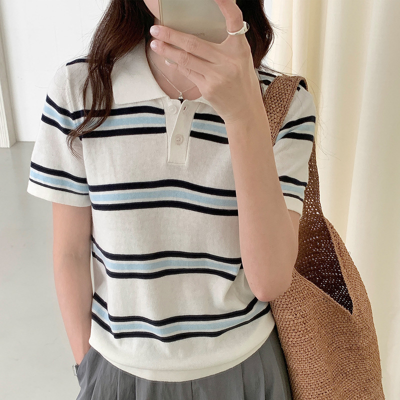 100% Cotton Knitted Short-Sleeved Polo Collar Women's Pullover T-Shirt with Contrasting Stripes Design Top, New Spring and Summer Fashion