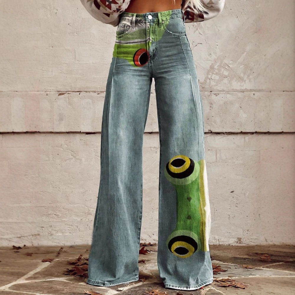 Cross-Border Aliexpress Ebay European and American Foreign Trade Plus-Size Women's Fashion Casual Pants Thin Faux Denim Wide-Leg Long Pants