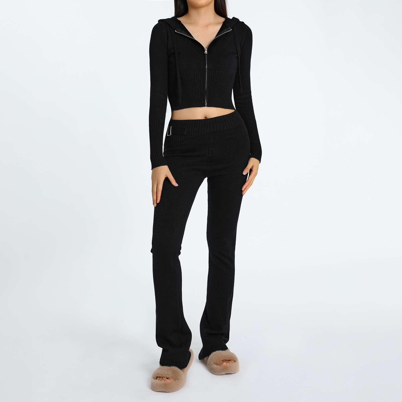 Ensemble deux pièces en tricot à capuche pour femme, pantalon sexy à manches longues et taille haute, à la mode_voghion.com