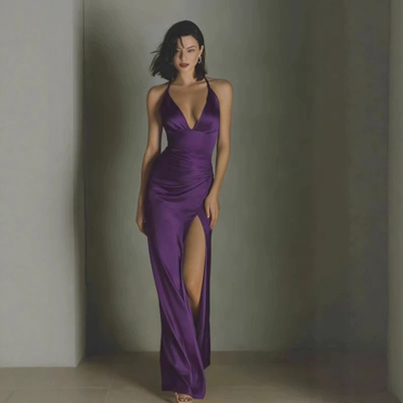 Cross-Border 2026 Summer French-Style Sexy Satin Long Dress with a High-End Feel, Champagne-Colored Gown, Backless, Waist-Cinching, Slit Dress Cross-Border 2026 Summer French-Style Sexy Satin Long Dress with a High-End Feel, Champagne-Colored Gown, Backless, Waist-Cinching, Slit Dress