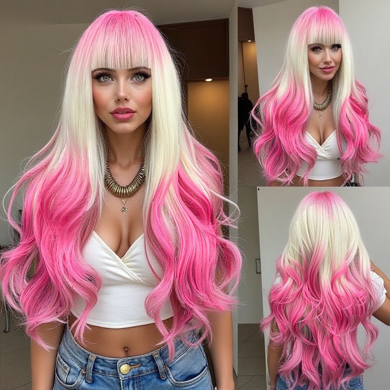 Curly Layered Wig Full Length Cosplay Style Gradient Beige Pink Wig For Women With Bangs Synthetic Hair Extensions_voghion.com