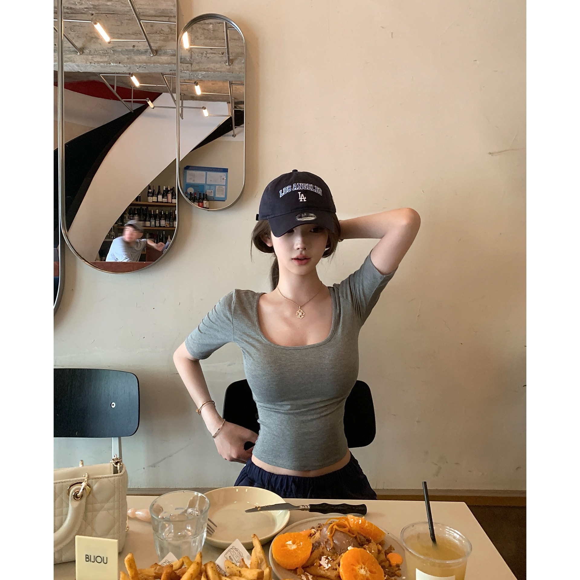 260g Rayon】Women's Summer Sweet and Spicy Style U-Neck Slim-Fit Short-Sleeve T-Shirt