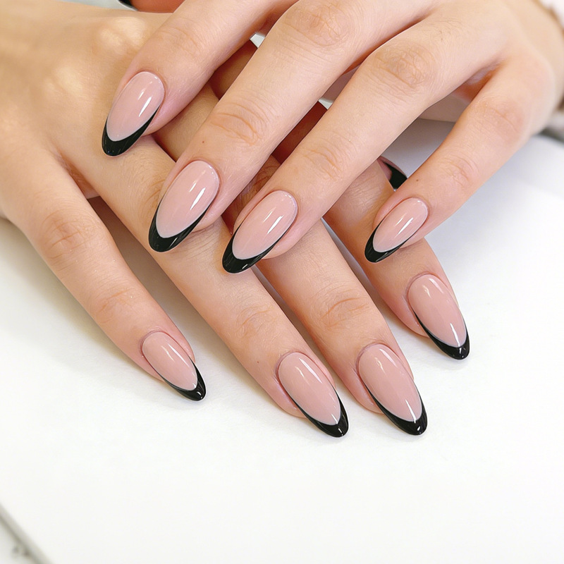 Black French-Style Press-On Nails, Nude Almond Nails, Cool and Versatile, Removable Finished Nail Stickers Black French-Style Press-On Nails, Nude Almond Nails, Cool and Versatile, Removable Finished Nail Stickers