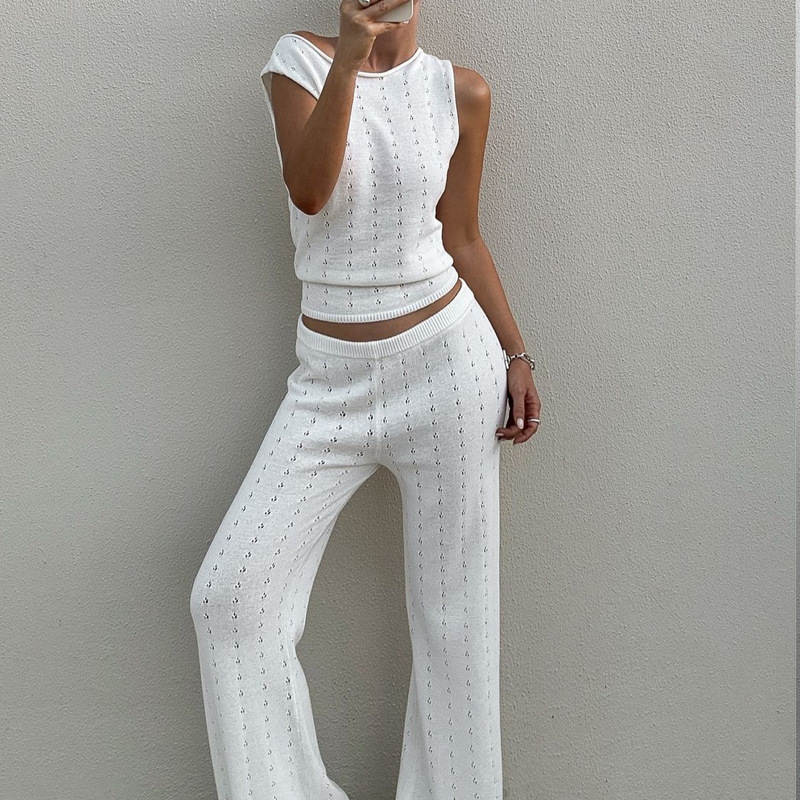 Ärmellose Weste und lange Hose im lässigen Stil für Frühling und Sommer, Strand-Look, gestrickt, geprägt, elegant – Set für Damen (2025)_voghion.com