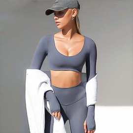 秋冬新款欧美裸感瑜伽服长袖女 运动上衣跑步减震健身服一件代发
