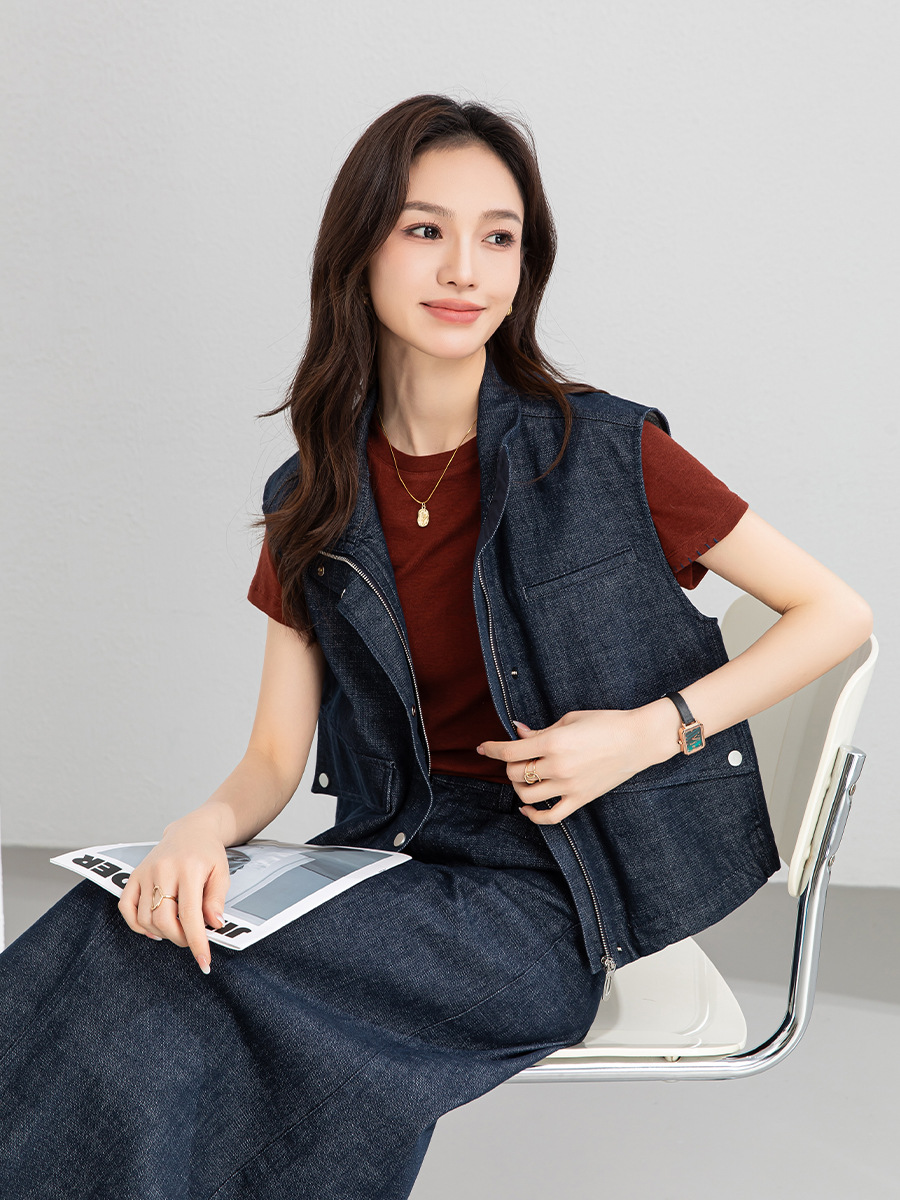 Áo vest gile denim không tay nữ kèm chân váy bút chì phối bộ — Mã màu xanh dương - AC66031