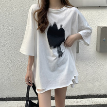 2022夏季新款韩版中长款印花破洞宽松大码BF风短袖T恤女体恤上衣