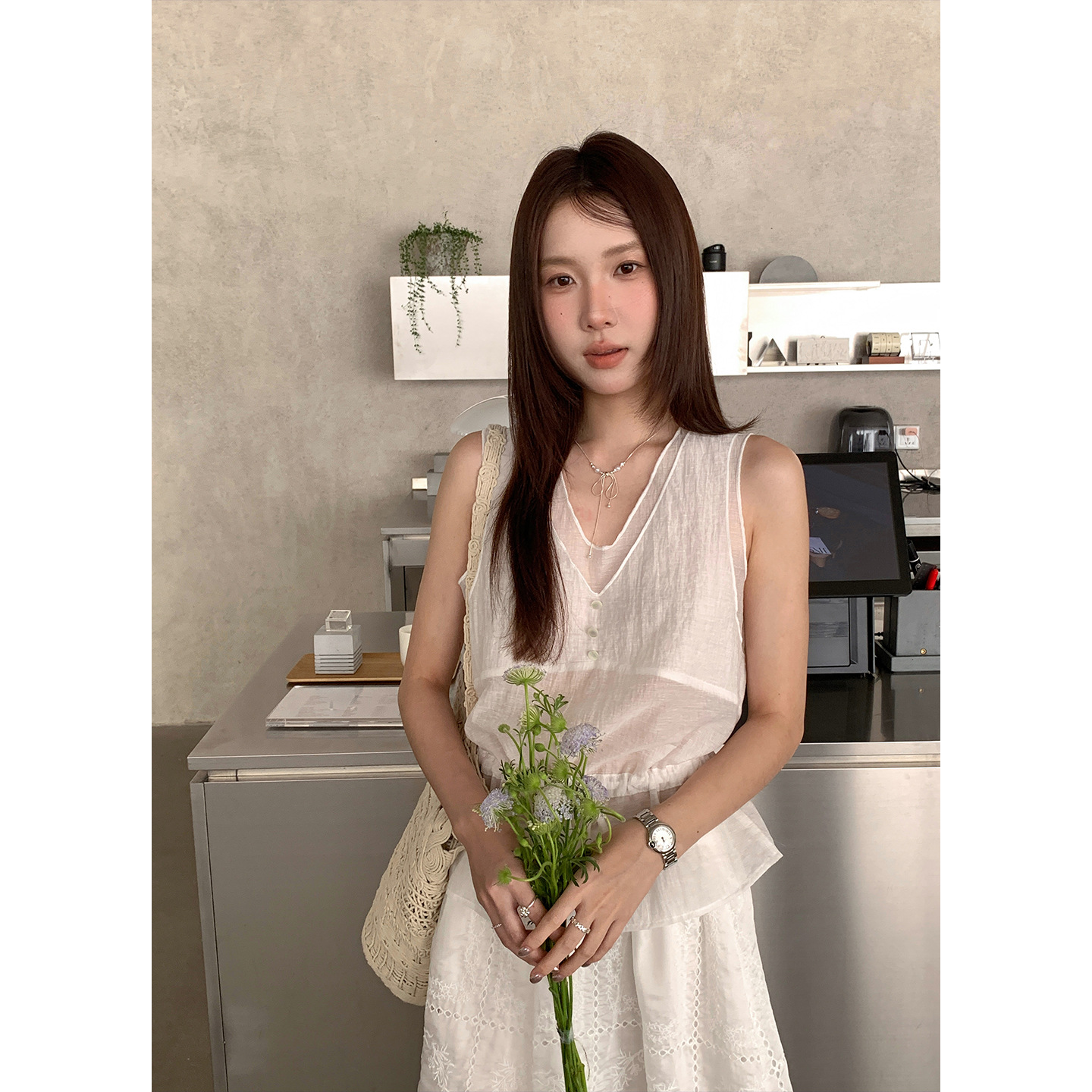 Yier Shirt South Korean Art Tencel V-Neck Thin Slightly Transparent Waist-Tie Shirt Women's Sleeveless Blouse Ye092