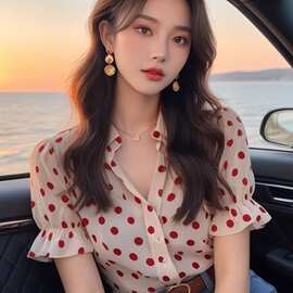 今年流行波点漂亮港风复古花衬衫百搭清凉女夏上衣气质粉色波点