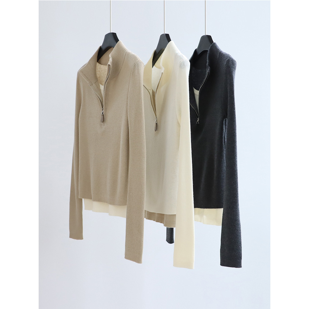 Half Placket Zipper Wool Blend Autum Fake Two-Piece Long-Sleeved Knitwear Casual Pullover Knitwear Stand Collar Top for Women