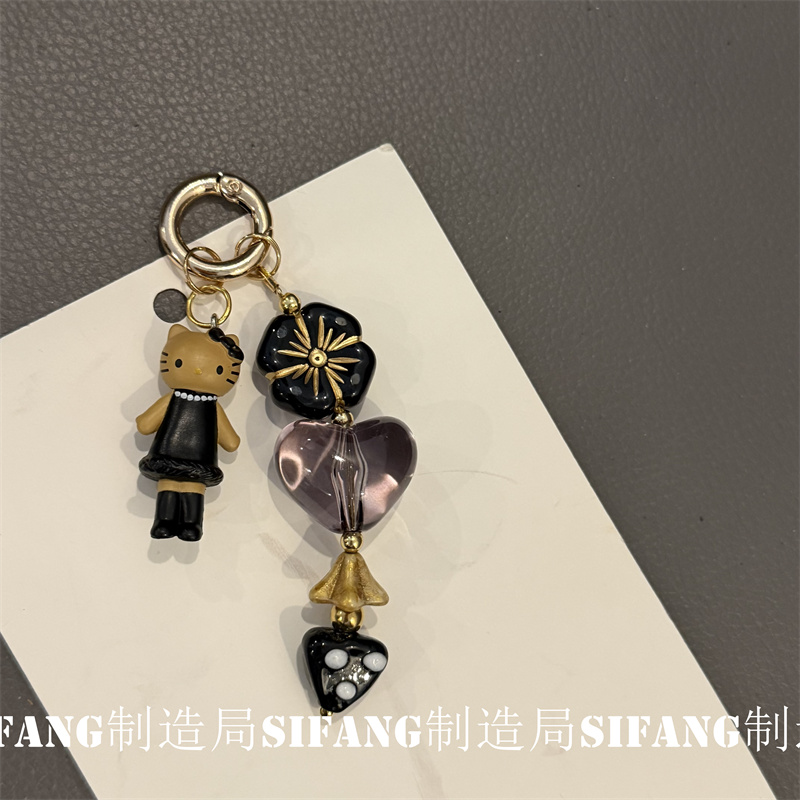 甜酷风爱心小猫新水晶条手机壳挂件书包挂绳创意耳机套挂绳