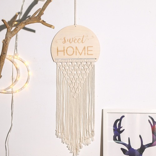 Warm Home Bohemian Style Wooden Slice House Number Sign Home Wall Hanging Decor Cotton Rope Hanging Tapestry Decoration