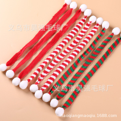 现货圣诞针织玩具小围巾30cm长宠物围巾红白绿条纹毛线毛球装饰|ru