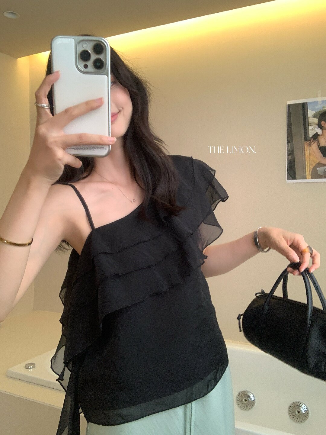 Áo sơ mi nữ một vai xếp tầng phối ren, tay ngắn, phong cách Hàn Quốc — màu đen, Màu cà phê, màu cam, màu mơ chi tiết 30