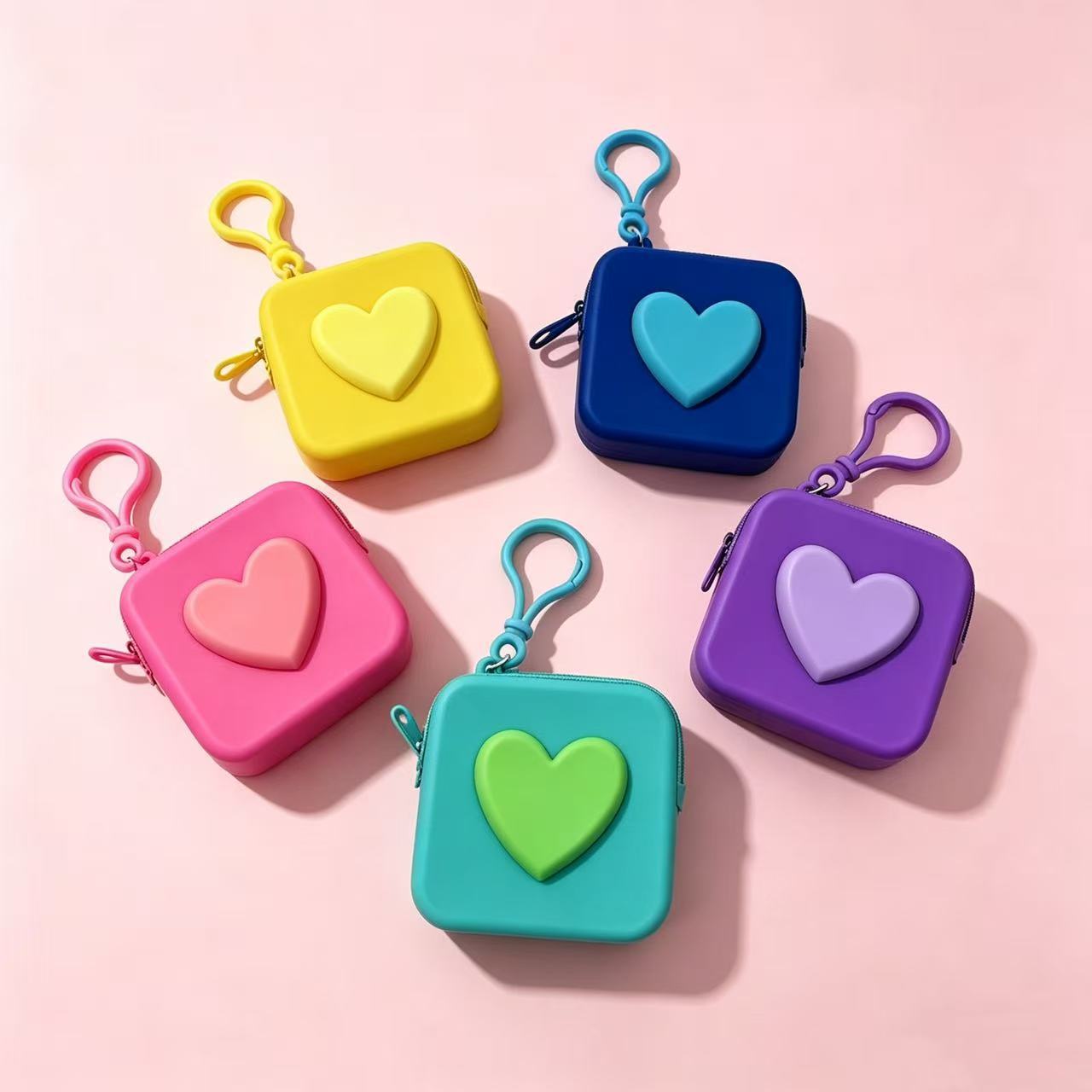 Cross-Border New Style Heart-Shaped Small Square Bag, Soft Silicone Card Keychain Coin Purse, Bluetooth Earphone Storage Bag, Portable