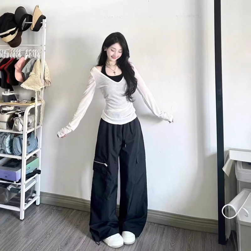 三件套女2025秋季纯欲风辣妹防晒长袖罩衫上衣吊带背心高腰阔腿裤|undefined