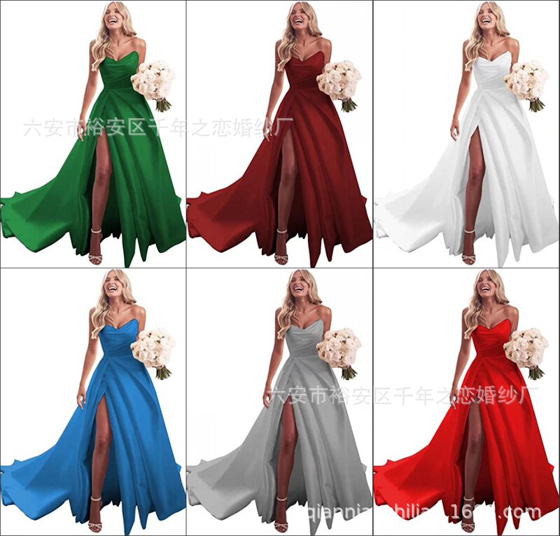 2026 Women's Strapless Ball Gown Satin Simple Bridal Wedding Dress Long Slit Toast Dress 2026 Women's Strapless Ball Gown Satin Simple Bridal Wedding Dress Long Slit Toast Dress