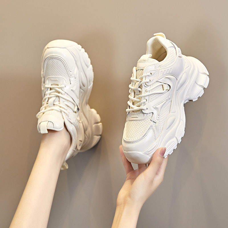 Genuine Leather Dad Sneakers for Women, Autumn and Winter Tennis Style, Sports Shoes with Thick Soles for Height Increase, Breathable Casual Versatile White Shoes