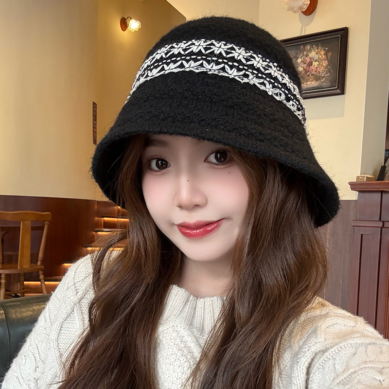 帽子女士含羊毛渔夫帽冬季韩版时尚拼色保暖护耳显脸小百搭水桶帽|undefined