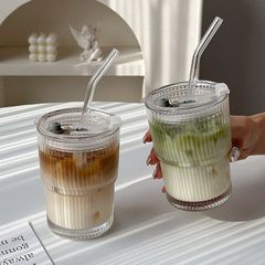 北欧风带盖带吸管玻璃水杯竖纹杯ins高颜值竖条纹果汁饮料咖啡杯