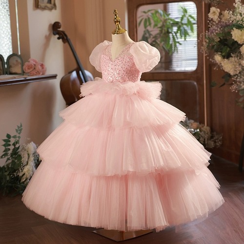 Children's evening dress pink princess dress, stylish for big kids fashion show puffed dress for girls, host piano performance costume autumn