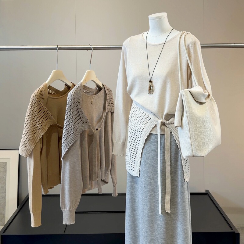 Korean-style hollow-out lace-up shawl knit sweater for women, new autumn 2026, loose pullover versatile two-piece top Korean-style hollow-out lace-up shawl knit sweater for women, new autumn 2026, loose pullover versatile two-piece top