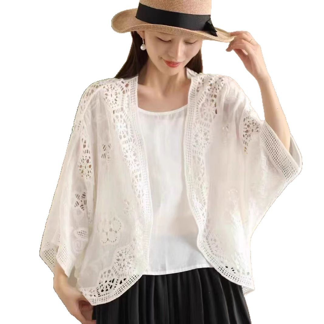Retro industria pesada hueco gancho diseño sensación de vestir cardigan de punto de verano de mujeres temperamento superior bordado blusa image 6