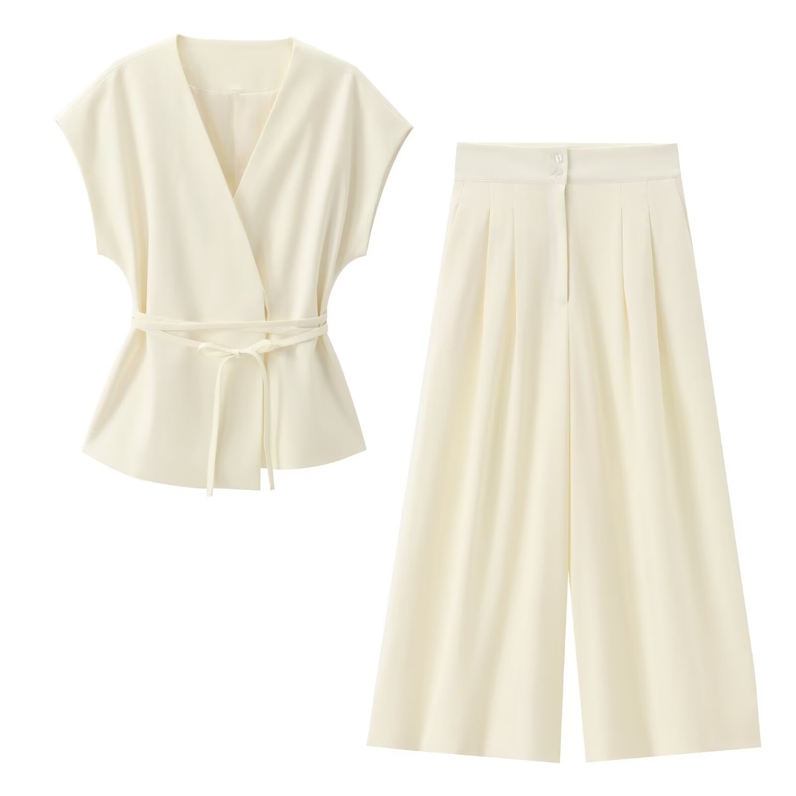 Cross-border Foreign Trade Women's Clothing 2025 Summer European And American Style V-neck Tie Top + Pleated Pants Set_ecoleips.com
