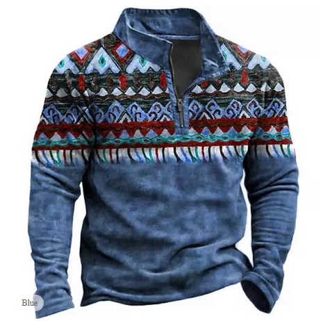 Polo de manga larga con media cremallera, estilo étnico, estampado en 3D, estilo europeo y americano, para venta transfronteriza