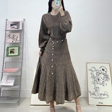 跨境女装法式复古小香风金丝连衣裙长款修身泡泡袖气质名媛针织裙