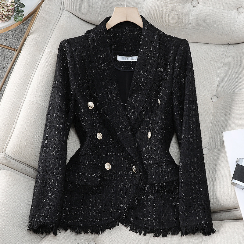 Elegant Black Chanel-Style Blazer for Women, Spring and Autumn 2025 New Autumn Tweed Short Jacket