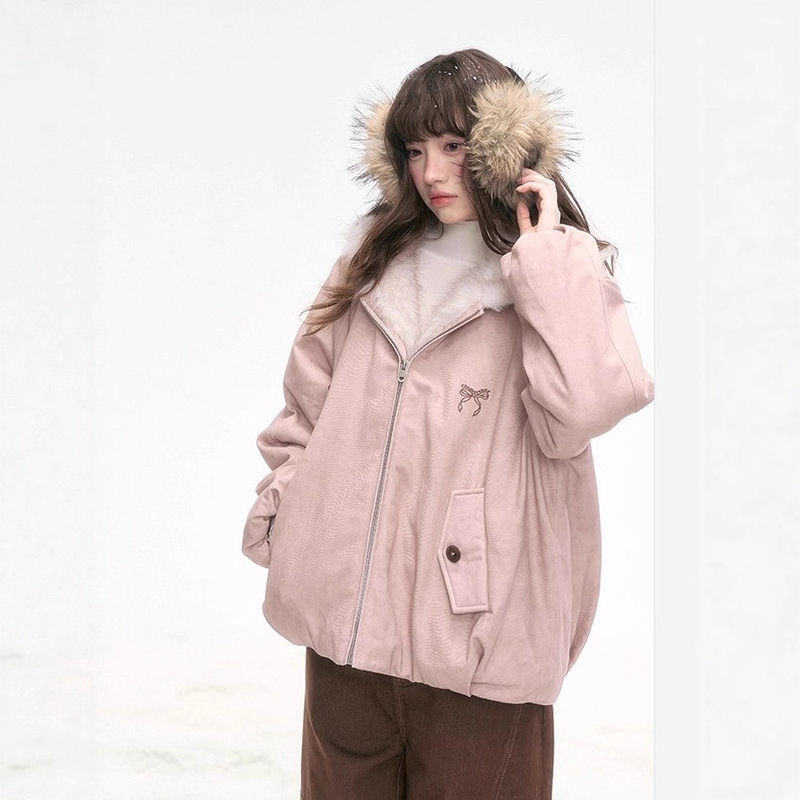 2025 New Fashion'Fog Peach Velvet Pocket' Winter Eco-Friendly Fur Jacket Warm Cotton Reversible Parka Coat