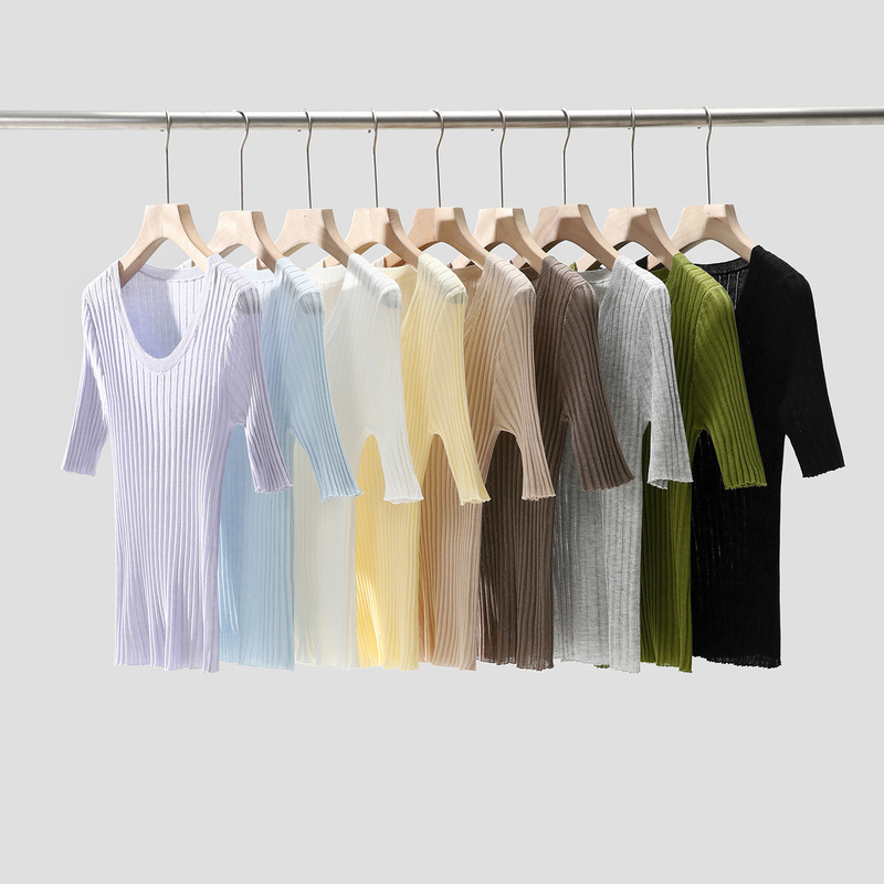 【Cloud Vanilla】Skin-Friendly, Cool-Touch Acetate Tencel Linen Vertical Stripe Knit Short-Sleeve Women's Summer Slim-Fit T-Shirt