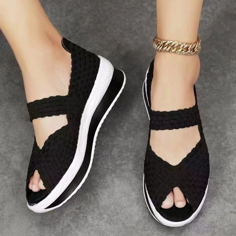 Весенне-летняя женская обувь, обувь для мам среднего и пожилого возраста, эластичные тканые качалки на среднем каблуке на мягкой подошве, женская обувь, дорожная обувь, увеличивающая рост, оптом.