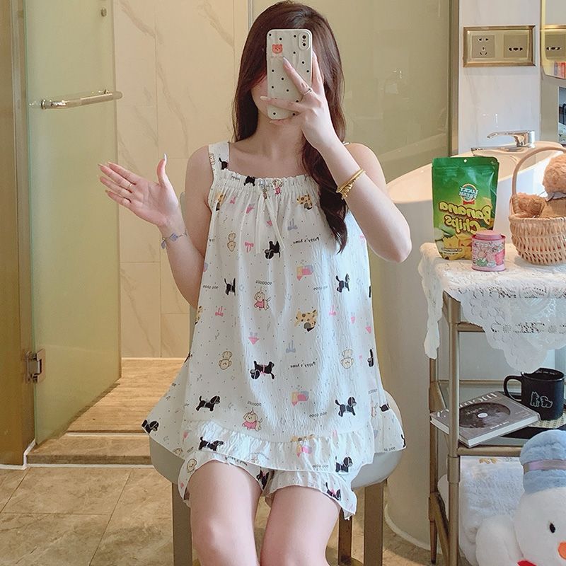 Venta al por mayor transfronteriza verano nuevo estilo tirantes pantalones cortos pijamas mujer nube algodón creativo lindo estampado ropa para el hogar se puede usar afuera