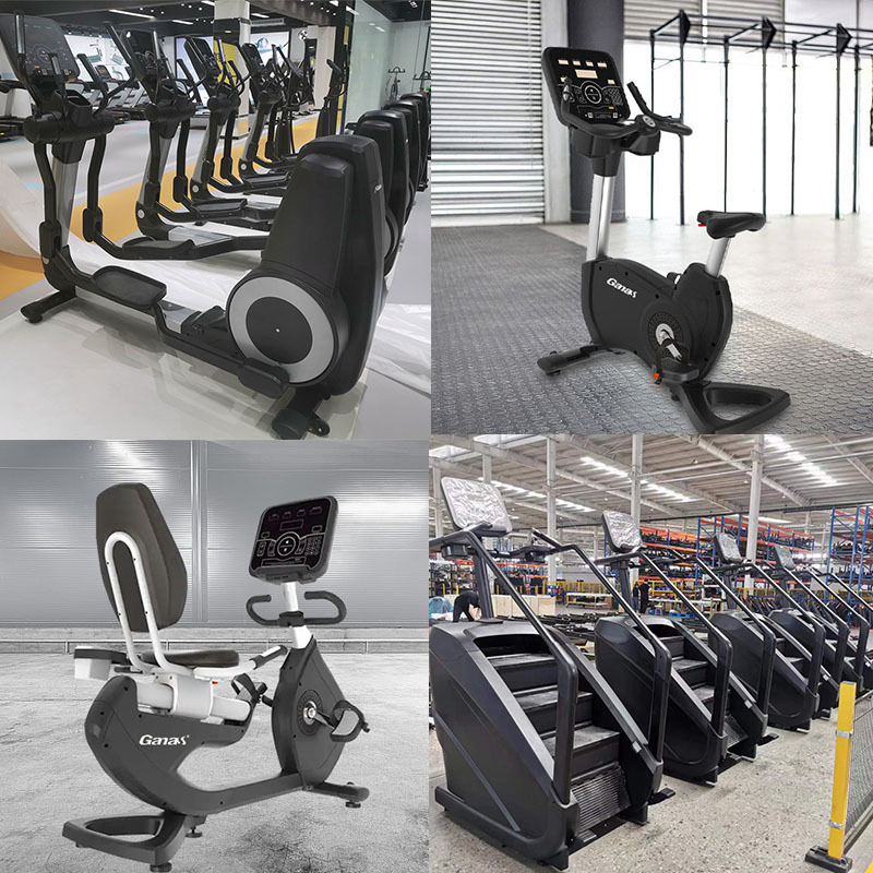 Máquinas elípticas verticales y horizontales para comercio exterior, máquinas de step aeróbico inteligentes para hoteles, bicicletas de spinning comerciales para gimnasios, bicicletas de fitness.