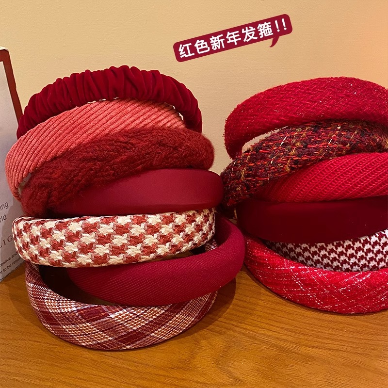 Diadema de año nuevo rojo Accesorios para el cabello de año nuevo para mujer, diadema de presión de lavado de cara, parte superior del cráneo alto de otoño e invierno, horquilla antideslizante, tocado de paquete de cabello