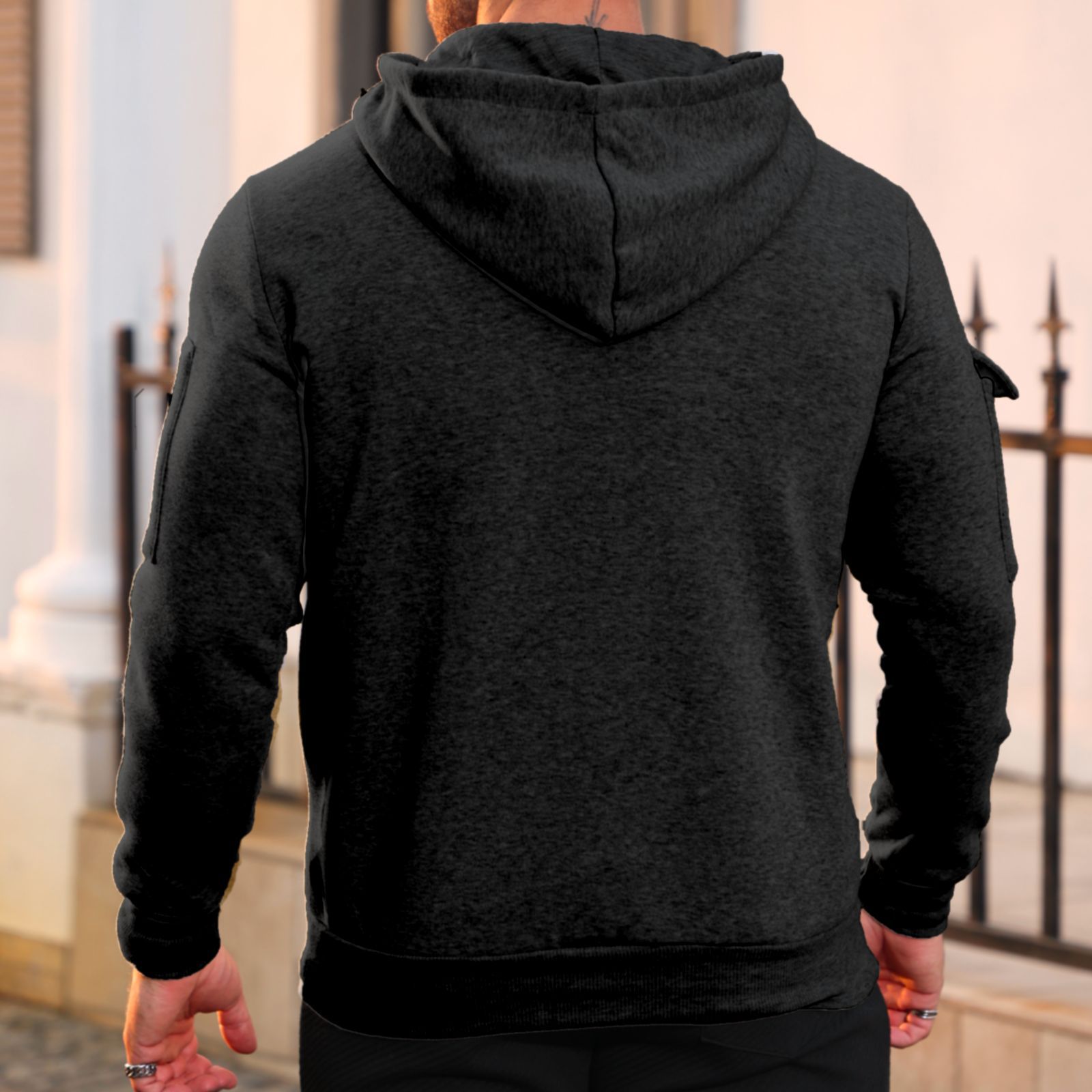 Autumn Winter Men's Fleece Hooded Pullover With Multi-zipper Pocket_voghion.com