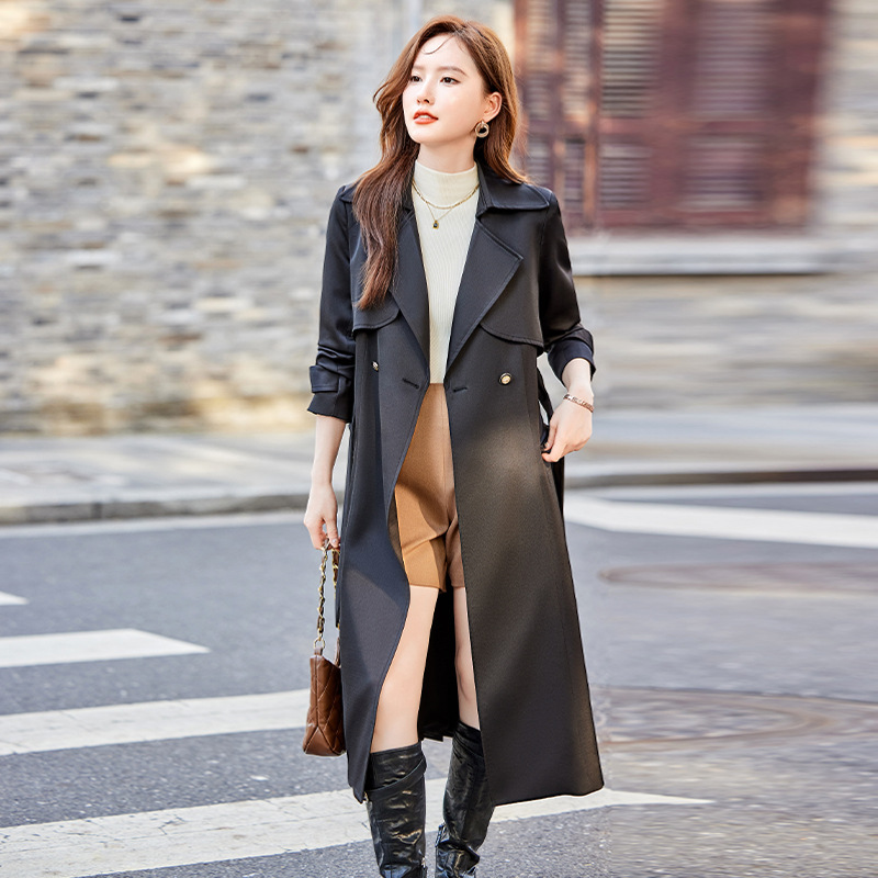 Trench classico color cachi da donna – Cappotto in stile britannico di media lunghezza con cintura (fucsia/cachi/nero, S-3XL)_voghion.com