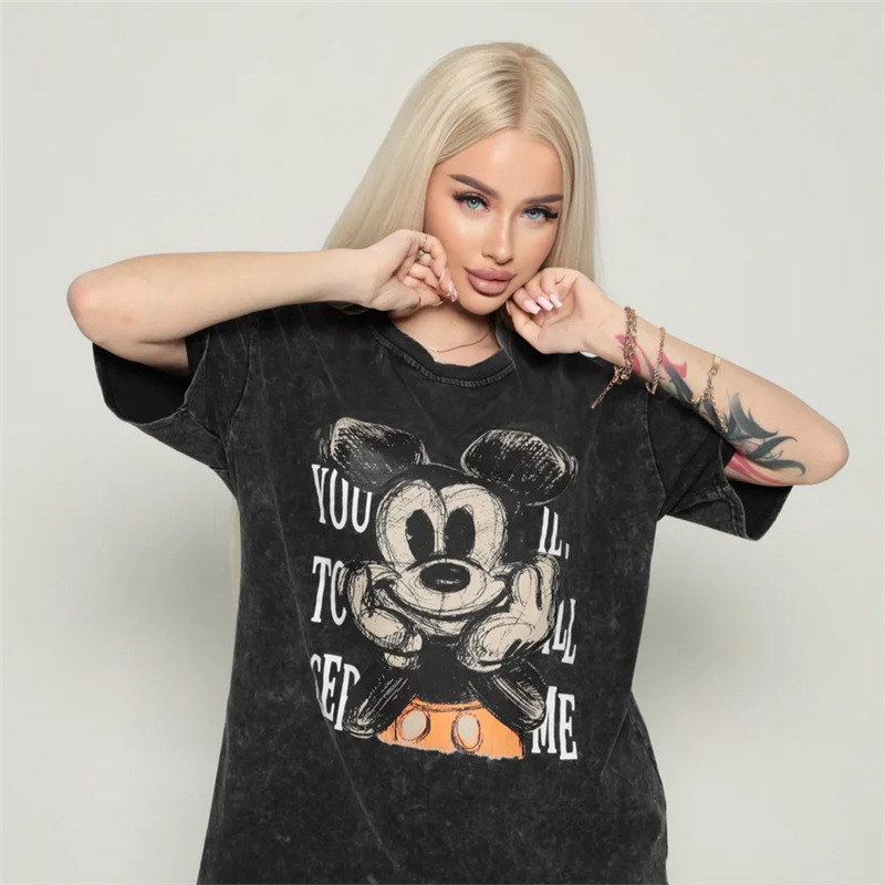 Leopard Print Loose Boyfriend Style European and American Short-Sleeve T-Shirt Washed Printed Round Neck Women's Pullover Vintage Style
