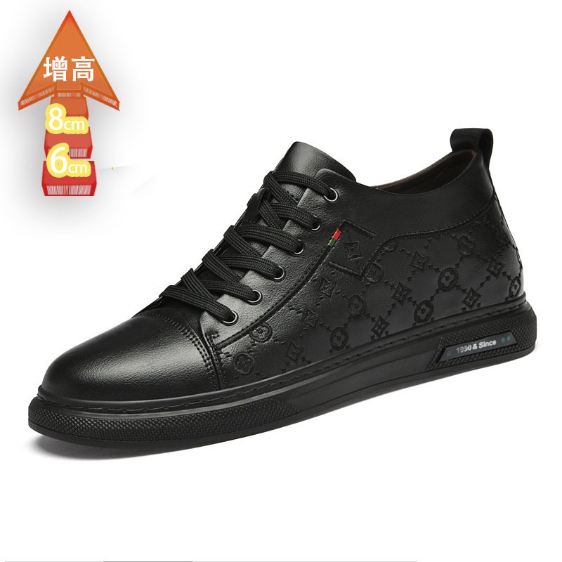 Invisible Height-Increasing 8cm Men's Shoes, New Spring Model, Korean Style Trendy Thick-Soled White Sneakers, Fashionable Casual Leather Shoes