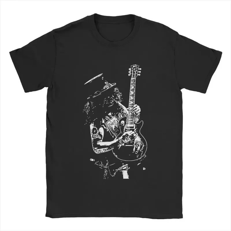 Men's European Size Casual Graphic Guitar Cross-Border Oversized Rose Gun O Pure Cotton Band T-Shirt Loose Fit Printed