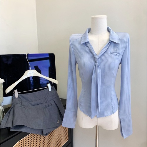 Smooth waist-cinch slimming stand-up collar solid color women's long-sleeved shirt with tie two-piece set with skirt or pants