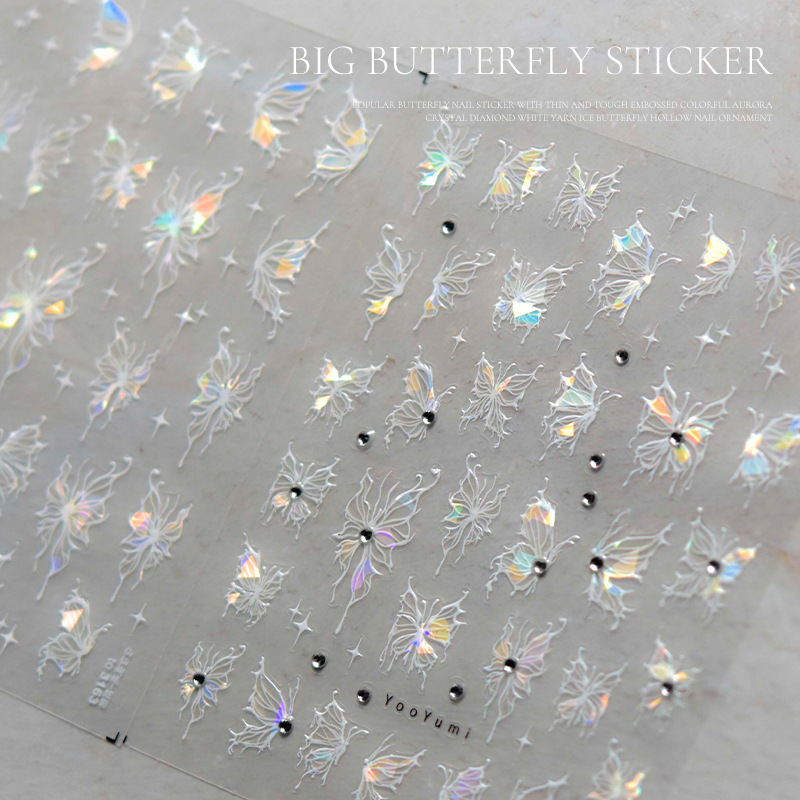 Red Mariposa Roja Etiqueta de uñas de cristal diamante Delgado resistente hueco alivio mágico color Aurora Cristal Diamante Blanco hilo Hielo Mariposa joyería de uñas